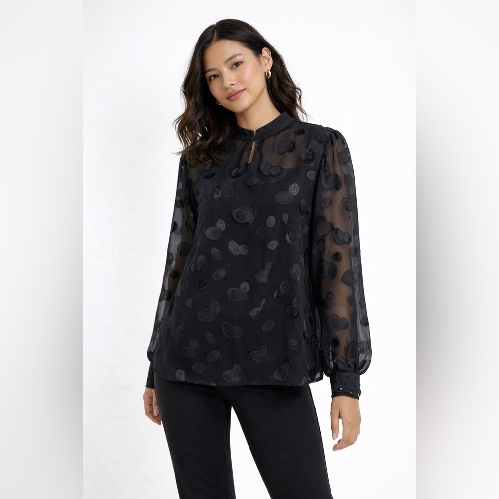 Alco Black Sheer Textured Blouse Made in Greece Designer Chic